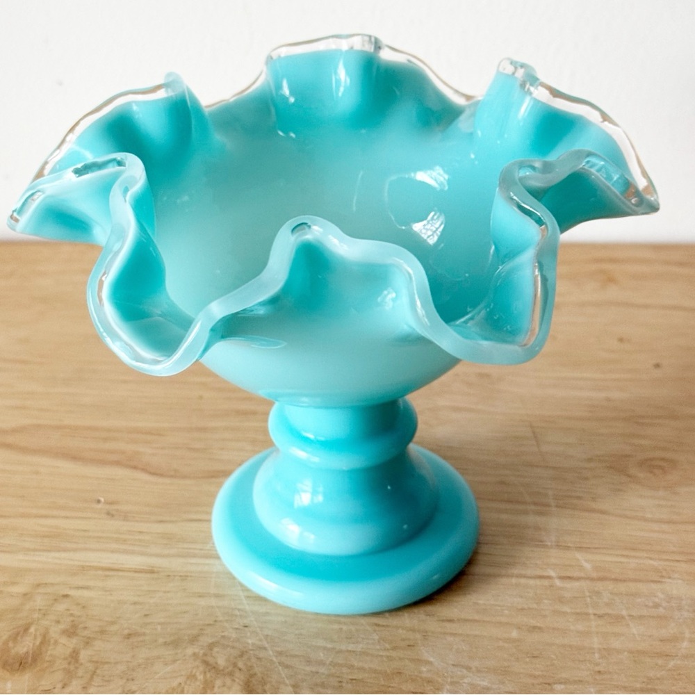 Vintage Fenton Silver Turquoise Crest Crimped Compote MCM Pedestal Bowl - Picture 6 of 16